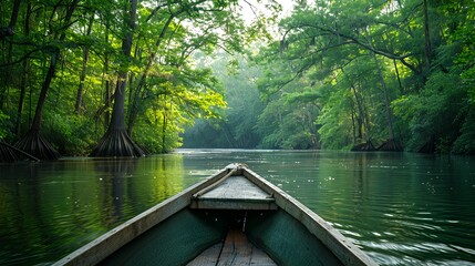 A serene view from a boat navigating through a lush, green river surrounded by trees.