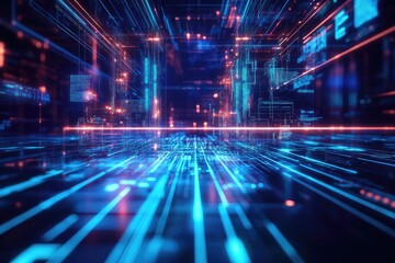 Obraz premium Futuristic Cityscape with Digital Data Streams and Glowing Lights