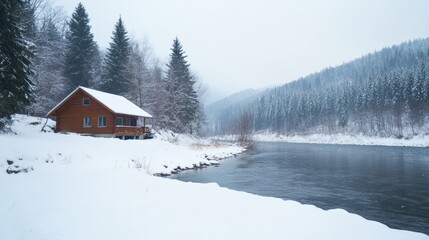 A serene winter landscape featuring a cozy cabin by the river, surrounded by snow-covered trees and a peaceful, misty atmosphere.