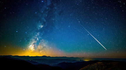 Fototapeta premium In the tranquil night, the Milky Way spans the sky, the majestic mountain range stands out clearly in the starlight, a meteor streaks across the night sky, disappearing on the horizon, a serene, myste