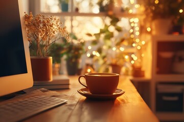 Obraz premium Cozy Autumn Workspace with Tea Cup - Ultra Realistic Office Interior with Soft Lighting