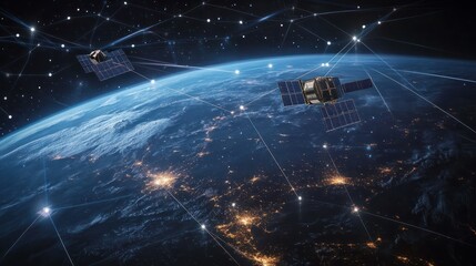 A satellite floating above Earth, connecting multiple nodes with lines to form an array of global network connections, symbolizing the vast reach and connectivity of space technology