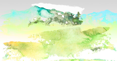 Fototapeta premium Watercolor drawing with a mountain landscape. The peak of the mountain, forest, pine. Watercolor hill, hillock.Summer, autumn landscape.Abstract paint splash. Island by the sea. mountain and greenery