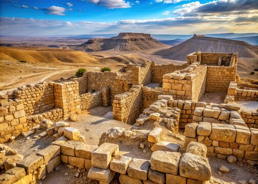 Ancient stone walls and crumbling ruins of a biblical city surrounded by desert landscape, evoking a sense of historic significance and cultural heritage.