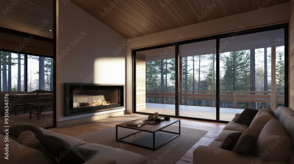 Wall mural modern living room with large windows, showcasing serene indoor and outdoor spaces, perfect for rela