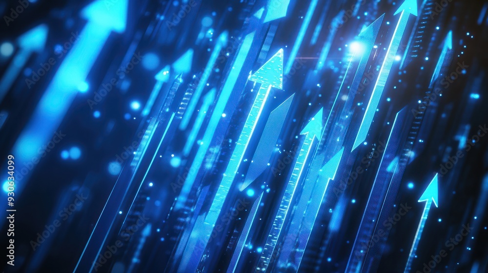 Poster abstract background with blue glowing arrows pointing upwards, representing growth and progress in t
