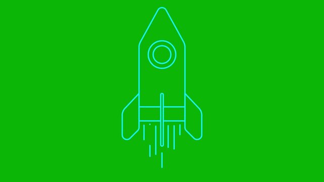 Animated blue rocket flying fast. Linear symbol. Concept of startup, investment, progress, speed. Looped video. Line vector illustration isolated on green background.