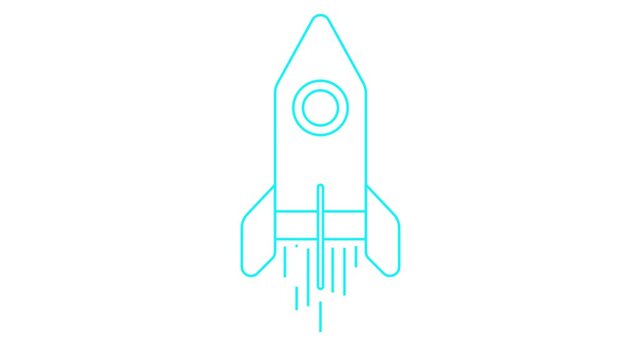 Animated blue rocket flying fast. Linear symbol. Concept of startup, investment, progress, speed. Looped video. Line vector illustration isolated on white background.