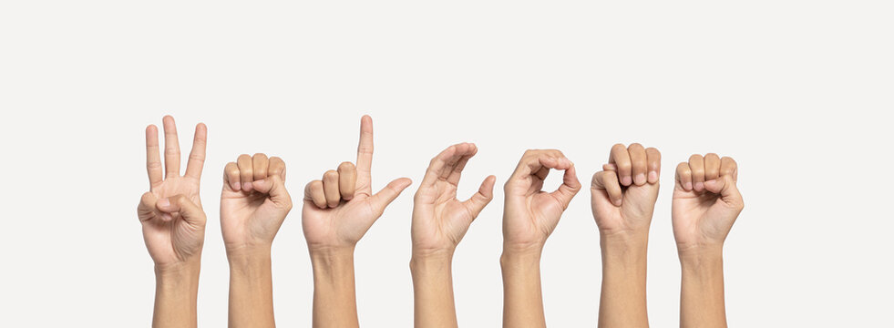 Deaf alphabet letter "Welcome" by hand. The letter "Welcome" in sign language, isolated on a white background. Hand movements. hearing disorders. language that uses the visual manual modality.