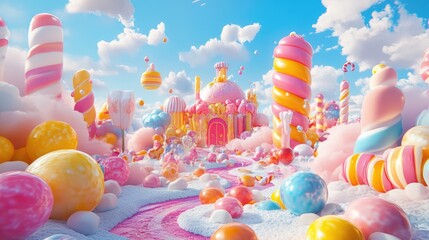 Whimsical 3D render of a magical candy land
