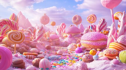 Whimsical 3D render of a magical candy land