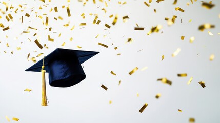 Cover for a graduation ceremony featuring a clean white background with a central image of a graduation cap and diploma in dark blue with gold accents. 