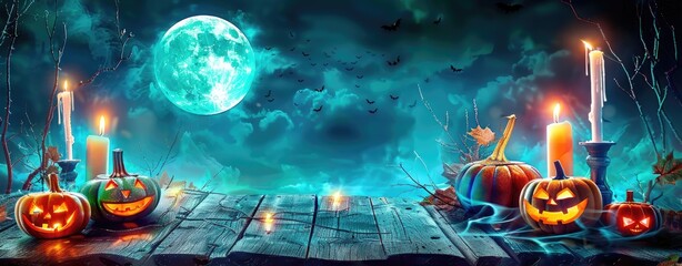 Spooky Halloween Scene: Wooden Table, Pumpkins, and Candles with a Cloudy Full Moon Sky