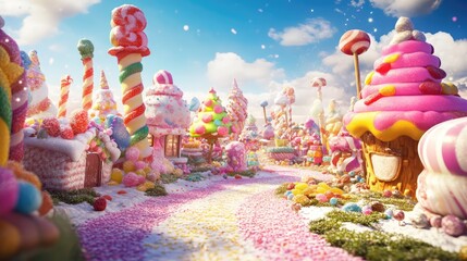 Whimsical 3D render of magical candy land for kids