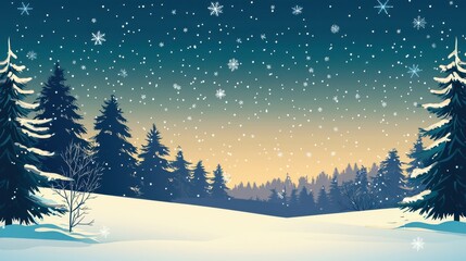 Obraz premium Cozy Christmas vector background with a winter landscape, snowflakes, pine trees, and a starry night sky. Warm, festive colors and traditional holiday elements