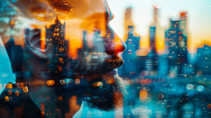 Double exposure of man with cityscape