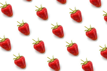 Trendy Summer food pattern made with red strawberries on white background. Minimal summer concept.