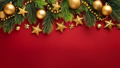 Christmas top-down view mockup. Golden Ornaments and Fir Garland - Holidays border where lush, green fir branches are adorned. Graphic art illustration card