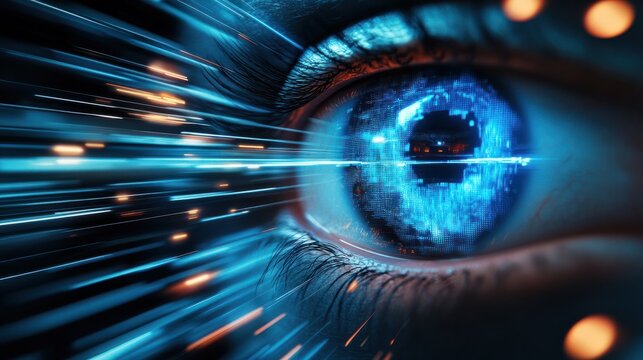 Blur is a concept that represents the future of technology in the field of cyber security with a background of blue eye and an abstract representation of high speed digital internet It show