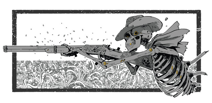 Fototapeta Skeleton Ghost Cowboy Aiming Shotgun
