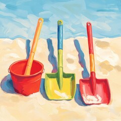 Fun in the Sun - Colorful Shovels and Red Buckets on Sandy Beach for Summer Activities and Ads