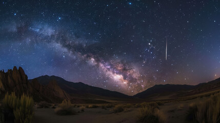 Fototapeta premium In the tranquil night, the Milky Way spans the sky, the majestic mountain range stands out clearly in the starlight, a meteor streaks across the night sky, disappearing on the horizon, a serene, myste
