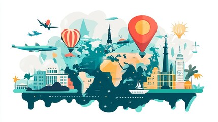 Obraz premium World Tourism Day concept featuring creative tourism design elements, including location icons and maps. Ideal for banner posters and travel-related vector designs. 