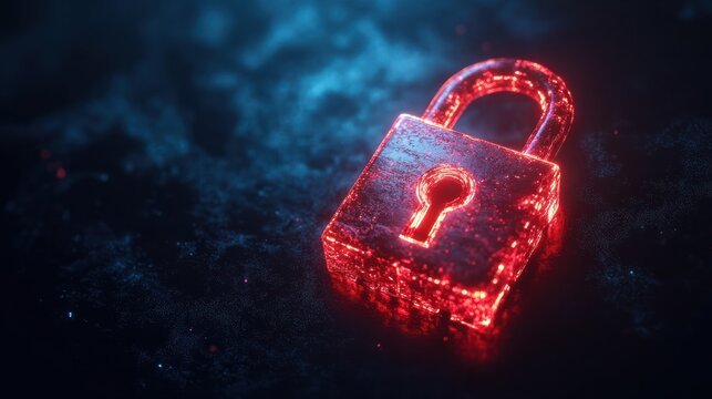 Digital red glowing padlock made of glowing atoms, for computing system on dark blue background, cyber security technology for fraud prevention and privacy data network protection concept
