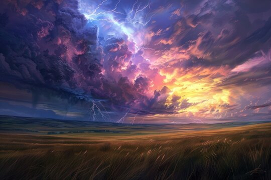 Explosive Sunset Thunderstorm Over Rolling Fields - A stunning sunset meets a powerful thunderstorm, with vibrant clouds and lightning illuminating the vast, rolling fields below.