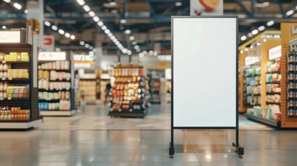 Blank Advertising Banner in a Modern Supermarket Aisle