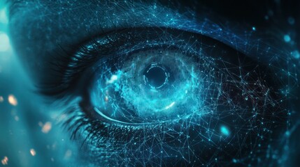 Eye of person working with digital data, abstract network information background, banner with cyber security theme. Concept of ai, technology, spy, hacker, hack, art