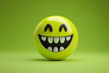 Front view of 3D rendered sinister emoji smiley face, simple green background
