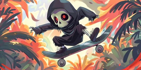 adorable kawaii grim reaper, skateboarding
