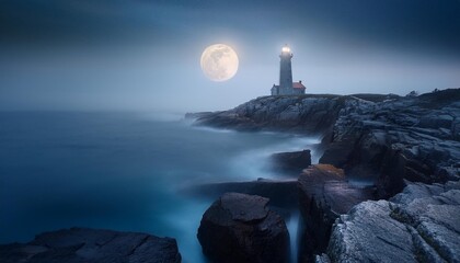 Faro en la noche cerrada, con la luna de fondo
