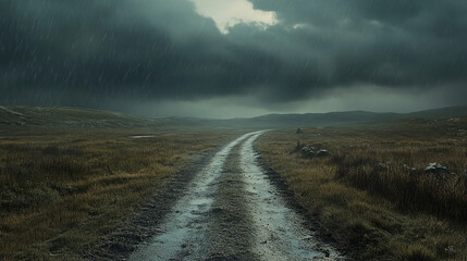 Road leading into a storm under a dark, ominous sky, mental health concept