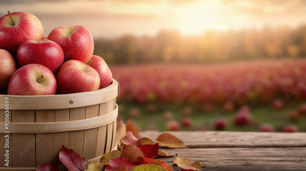 Sticker A wooden bucket filled with red apples on a table, AI