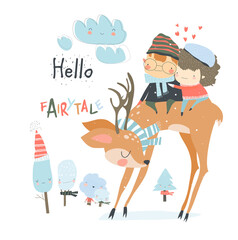 Couple in love sitting on deer in winter forest