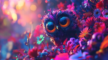 Whimsical 3D render of a whimsical cartoon character in a magical setting
