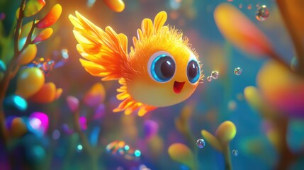 Whimsical 3D render of a whimsical cartoon character in a magical setting