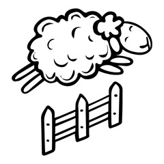 Cute sheep jumping over the fence hand drawn doodle. Children plush toy. Time to sleep. Good night. Vector outline line art illustration.