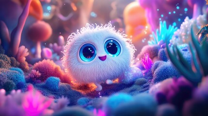 Whimsical 3D render of a whimsical cartoon character in a magical setting