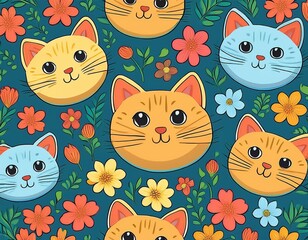 Seamless cartoon pattern of cat and flowers in bright colors for children.