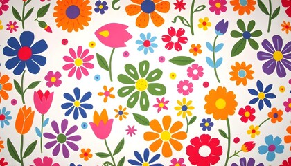 Illustration of Colorful floral pattern with various flowers including tulips, daisies, and abstract shapes in bright colors on a white background