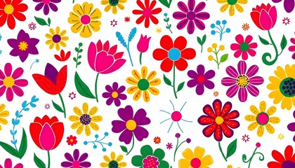 Illustration of Colorful floral pattern with various flowers including tulips, daisies, and abstract shapes in bright colors on a white background