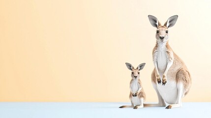 A mother kangaroo and her joey sit on a light blue surface against a yellow background.