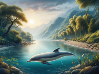 Fototapeta premium The baiji, a possibly extinct species of freshwater dolphin, swimming gracefully through the Yangtze River's calm waters