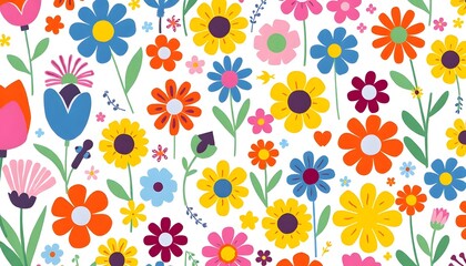 Illustration of Colorful floral pattern with various flowers including tulips, daisies, and abstract shapes in bright colors on a white background