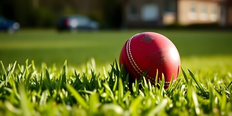 A red cricket ball resting in green grass