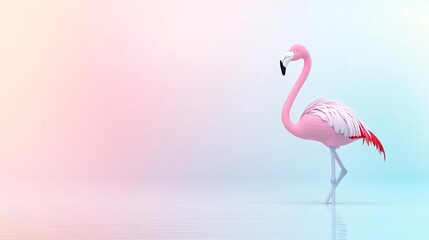 Fototapeta premium A 3D flamingo standing on one leg with a soft pastel background on the right, symbolizing the elegance and grace of zoo birds.