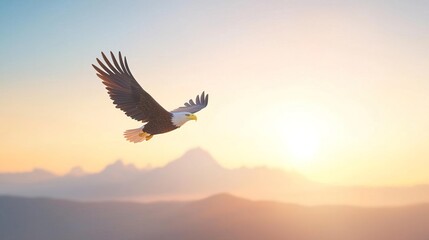 Naklejka premium A 3D scene of a bald eagle soaring above a mountain range, golden hour light, aerial view, highly detailed feathers and landscape.